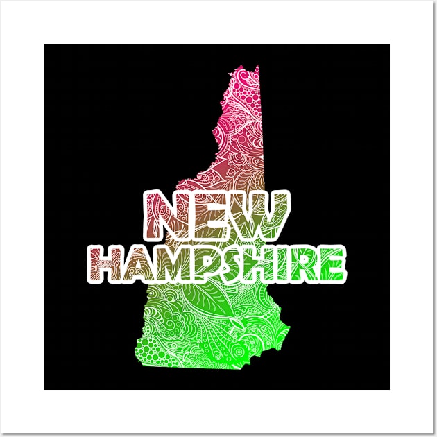 Colorful mandala art map of New Hampshire with text in pink and green Wall Art by Happy Citizen